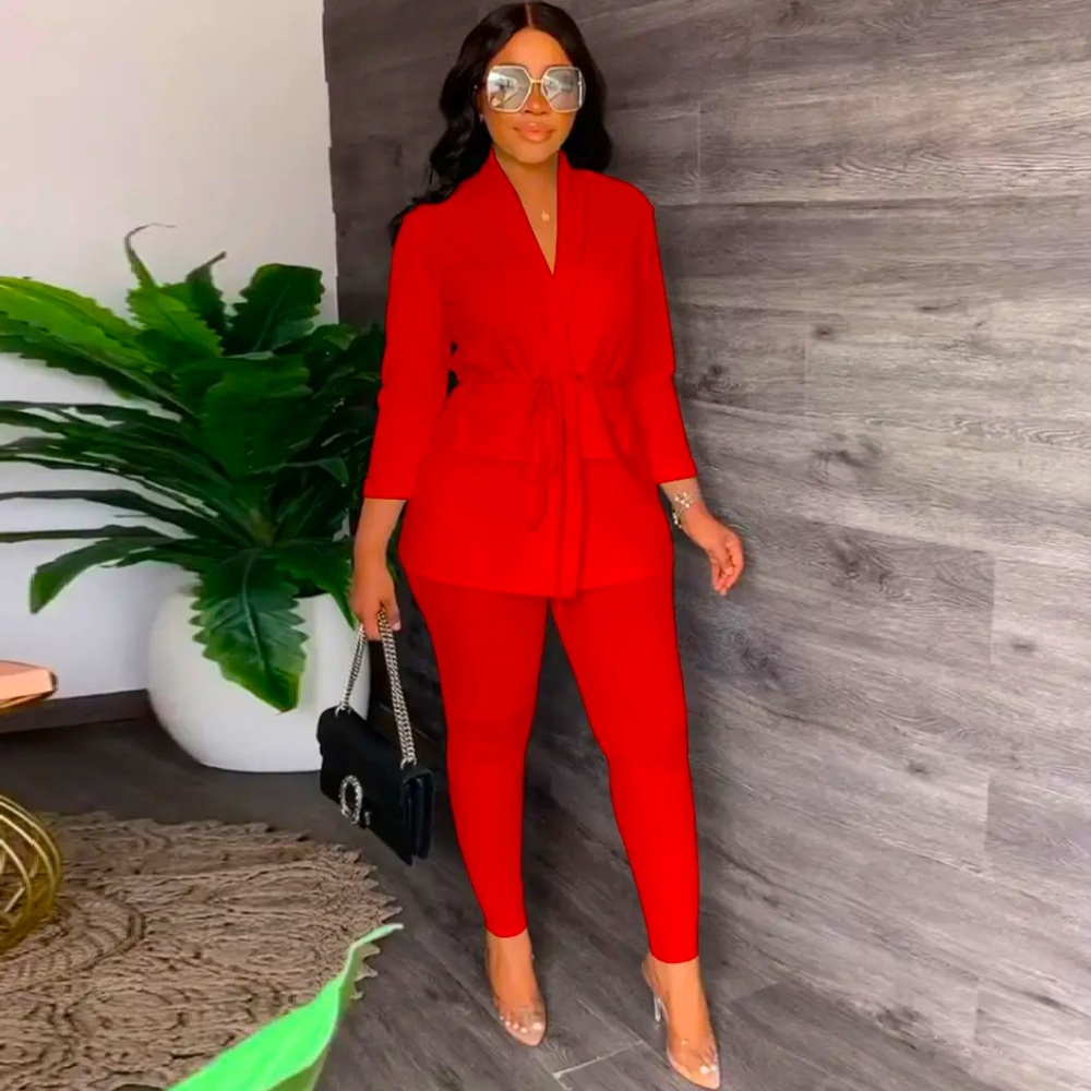 Fashion OL Two Piece Set African Women V-Neck Long Sleeve Lace-up Shirt
